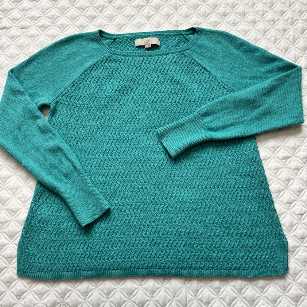 LOFT Teal Aqua Teal Blue Green Textured Knit Body Crewneck Sweater Sz M